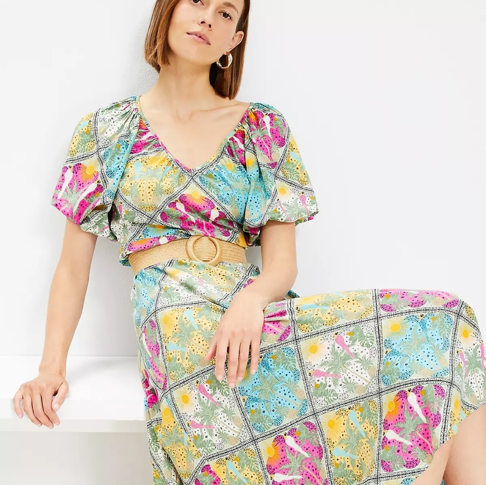 LOFT Palm Raffia Belt V-Neck Belted Dress Medium -Colorful